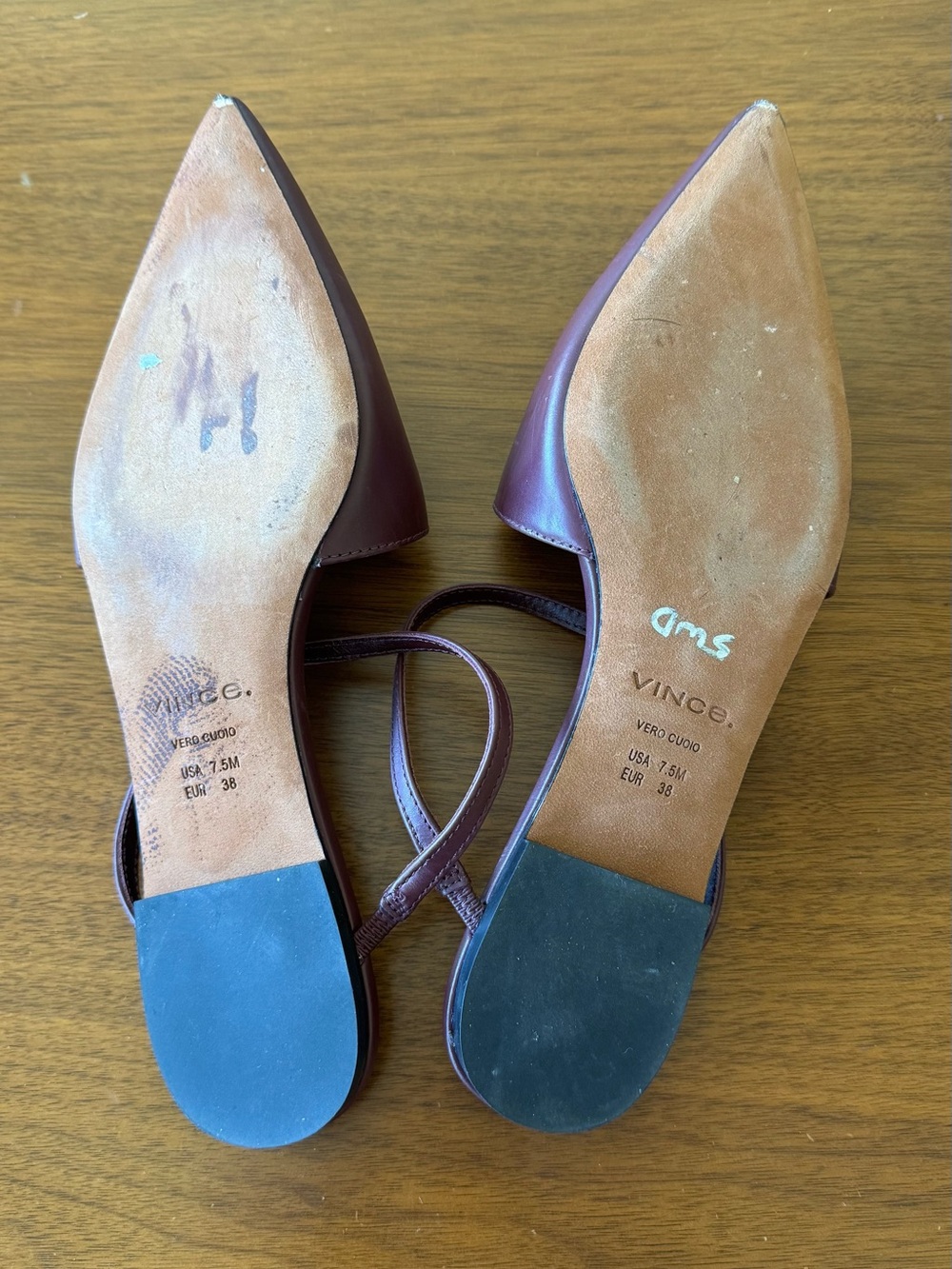 Vince Gilia Deep Cherry Burgundy Leather Strappy Pointed Toe Flat Mules size 7.5 - Picture 9 of 10